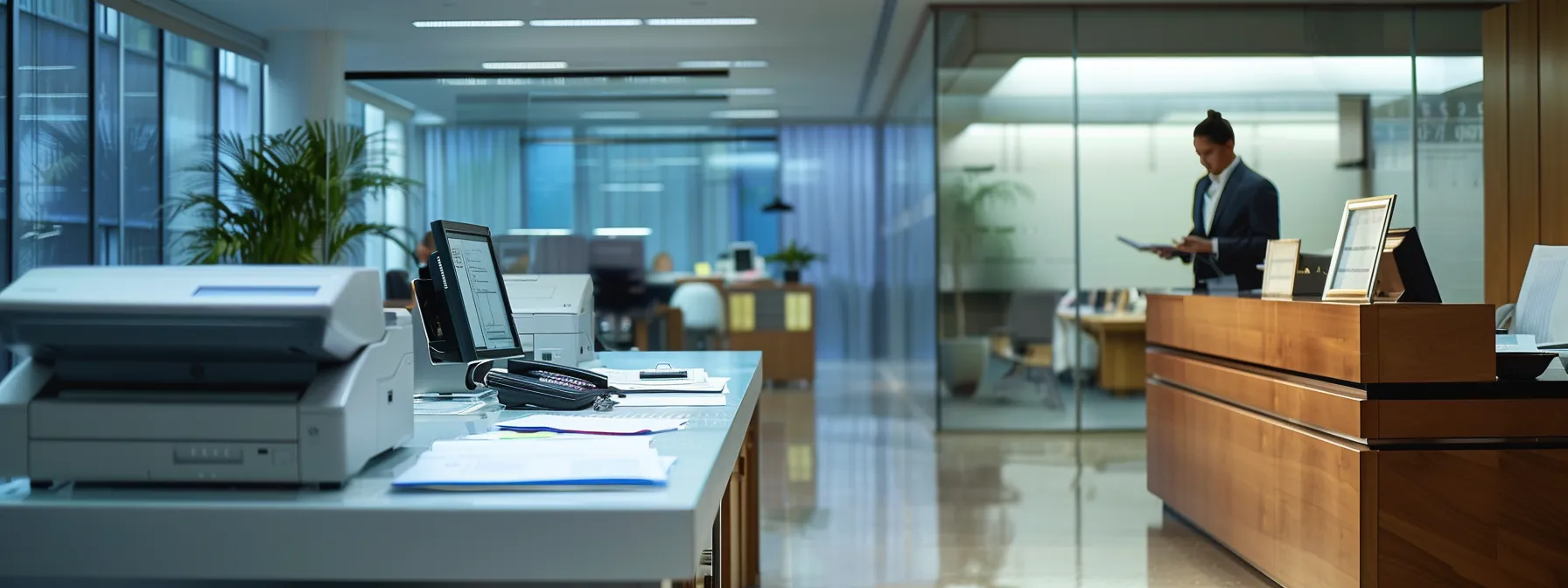 a sleek, modern office space features a professional consulting table with copiers prominently displayed, as a business professional reviews contracts and customer feedback on a digital tablet, illuminated by bright, focused overhead lighting for a sharp, engaging atmosphere.