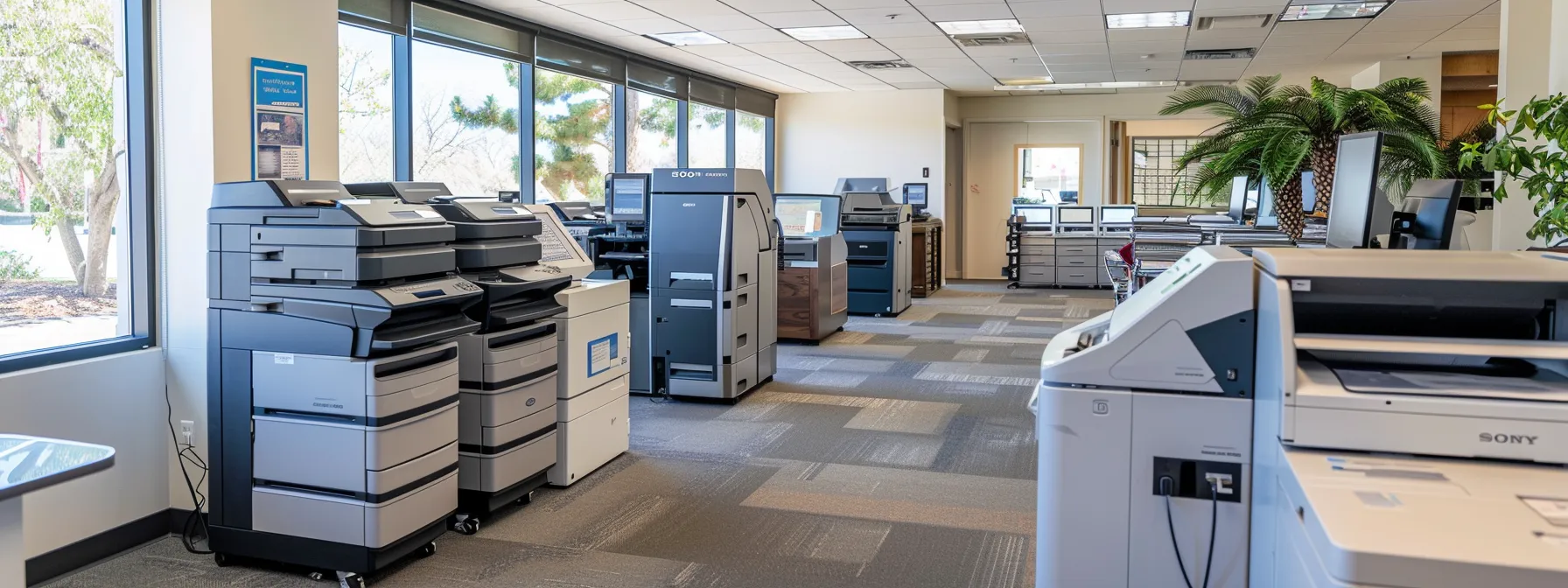 a sleek, modern office space showcases a variety of advanced copiers, including multifunction printers and high-volume machines, strategically arranged to illustrate the diverse options available for businesses in thousand oaks.