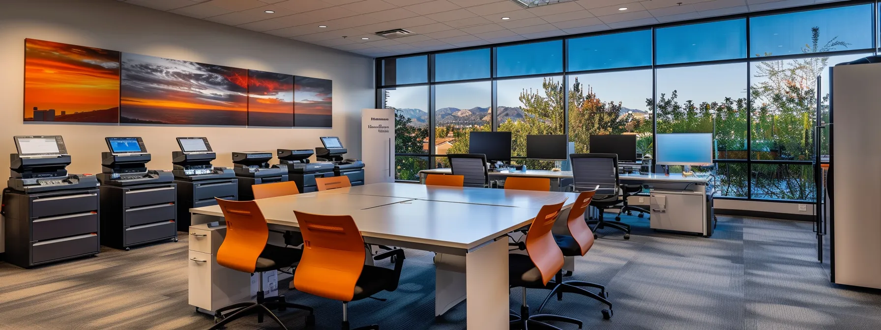a sleek, modern office space in thousand oaks showcases a diverse array of advanced copiers, with a polished conference table in the foreground where business professionals are engaged in a focused discussion about equipment features and contract terms under bright, efficient artificial lighting.