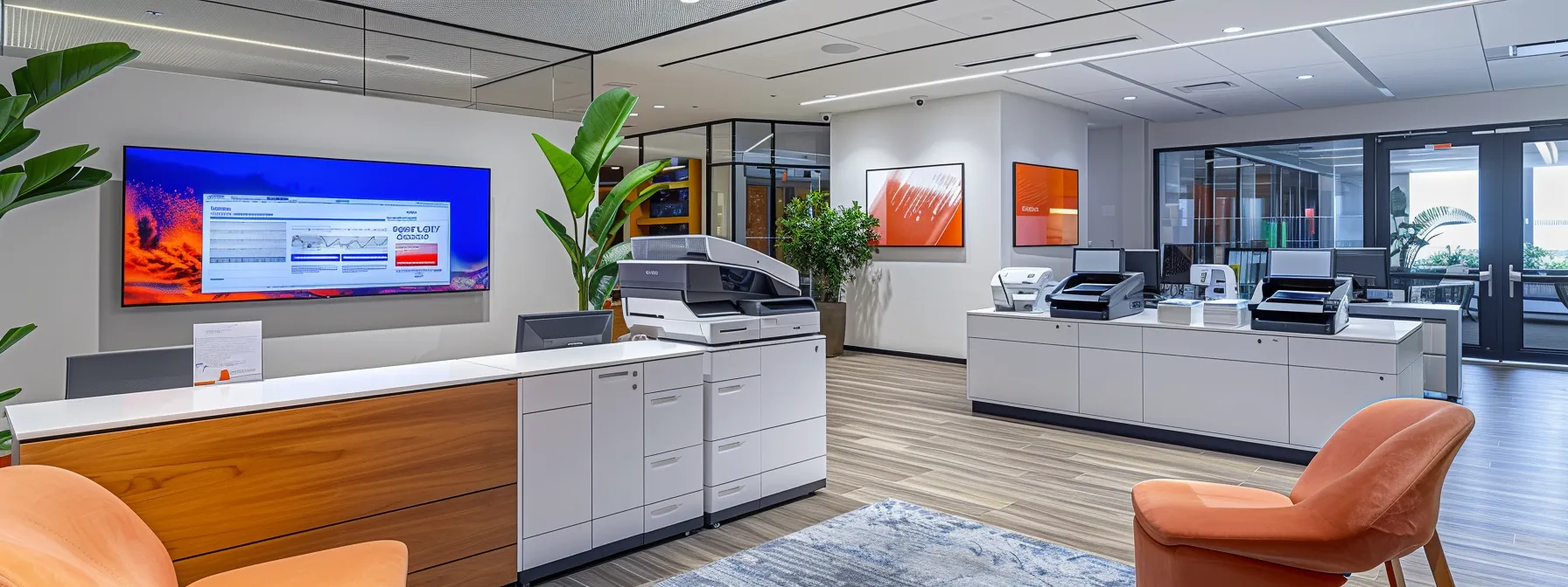 a sleek, modern office space showcases a high-performance copier prominently, surrounded by vibrant displays illustrating key features such as print speed, scanning capabilities, and security options, all designed to reflect the dynamic needs of thousand oaks businesses.