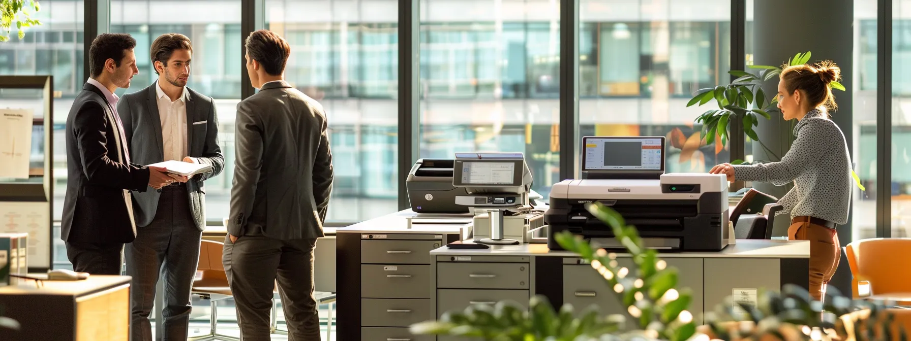a sleek, modern office workspace showcases professionals engaged in a thoughtful discussion around a high-tech copier, with vibrant displays highlighting monthly print volumes, color options, and security features.