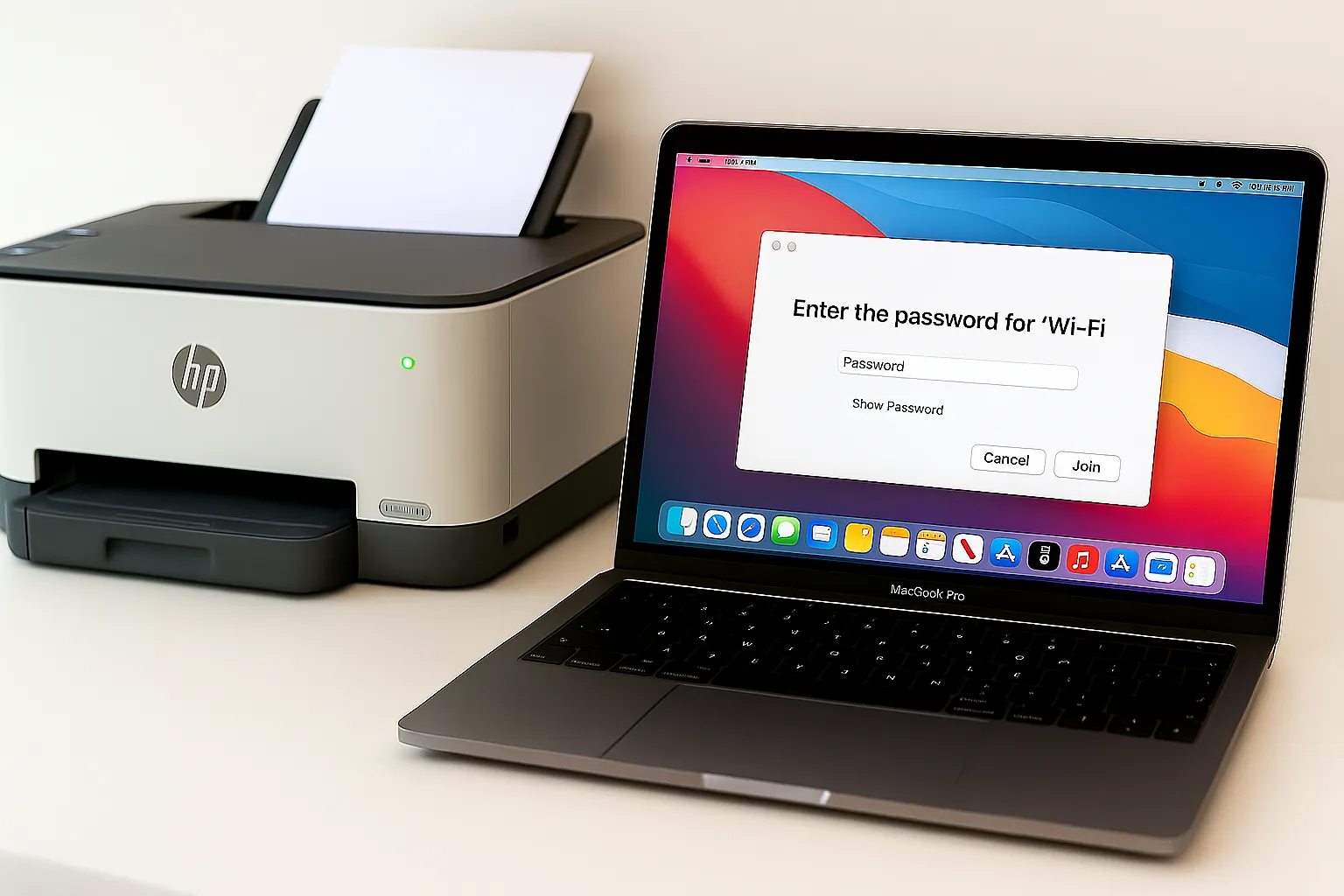 A Mac laptop next to an HP printer on a desk, ready for setup.