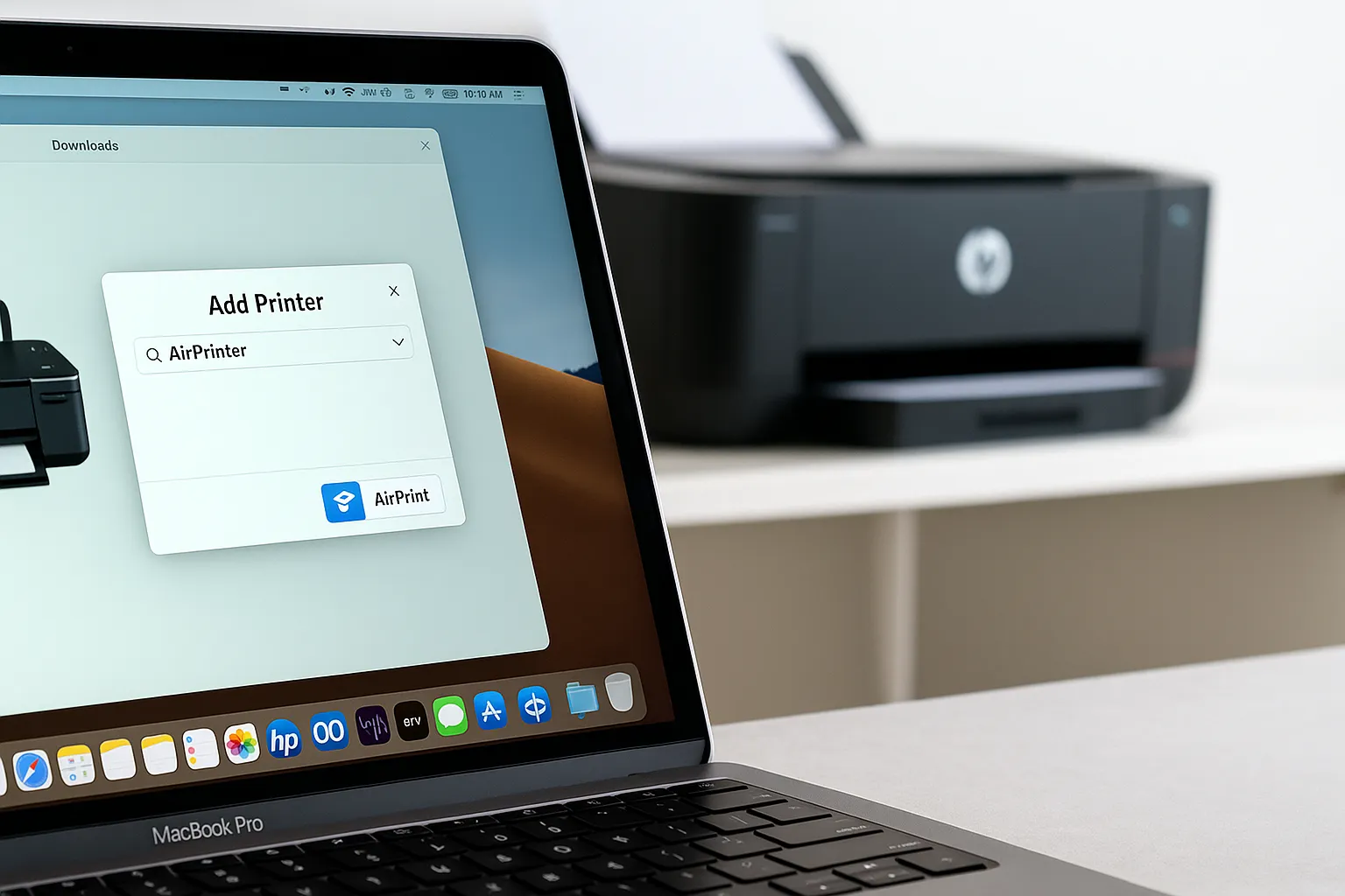An HP printer connected wirelessly to a Mac, with Wi-Fi and app icons floating between them.