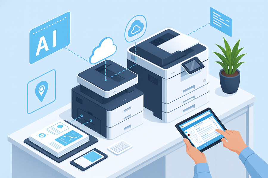 Printer and tablet showing cloud and AI features in an office setting