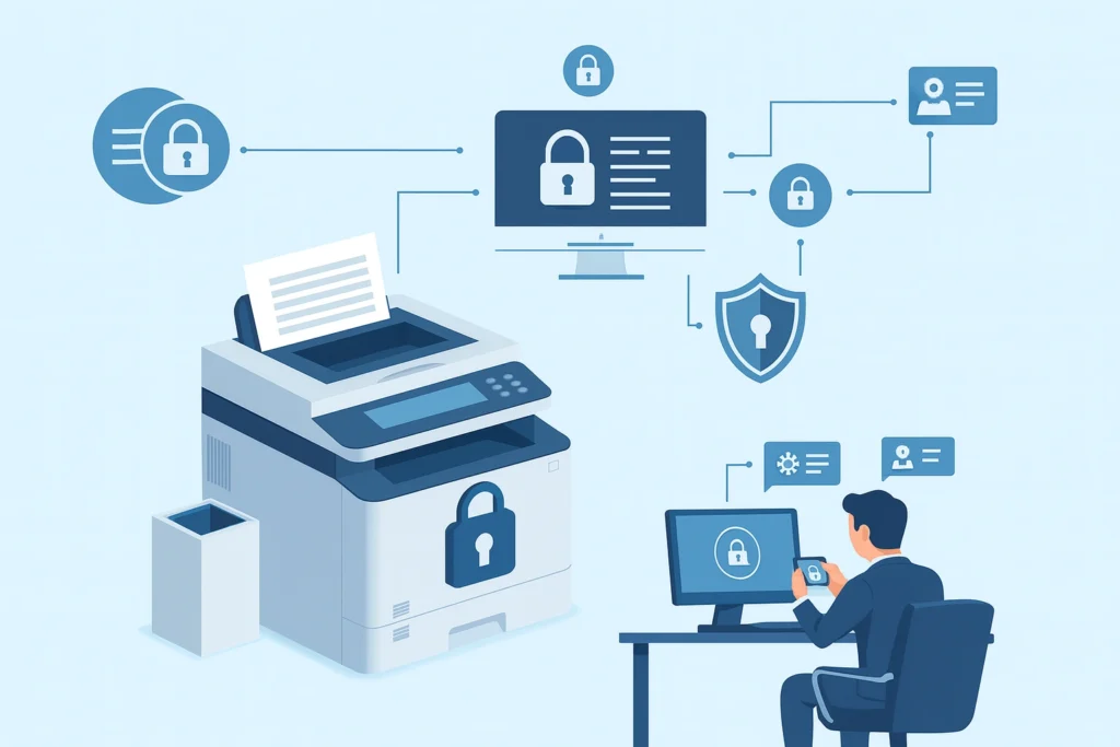 cybersecurity-measures-protecting-office-equipment-with-a-secure-printer-and-network-diagram